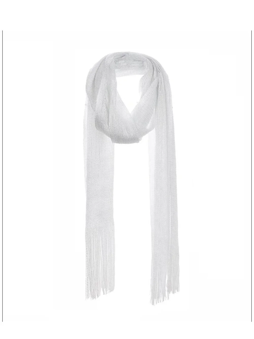 Shimmering White Polyester Scarf Shawl with Tassels Metallic Thread NWT